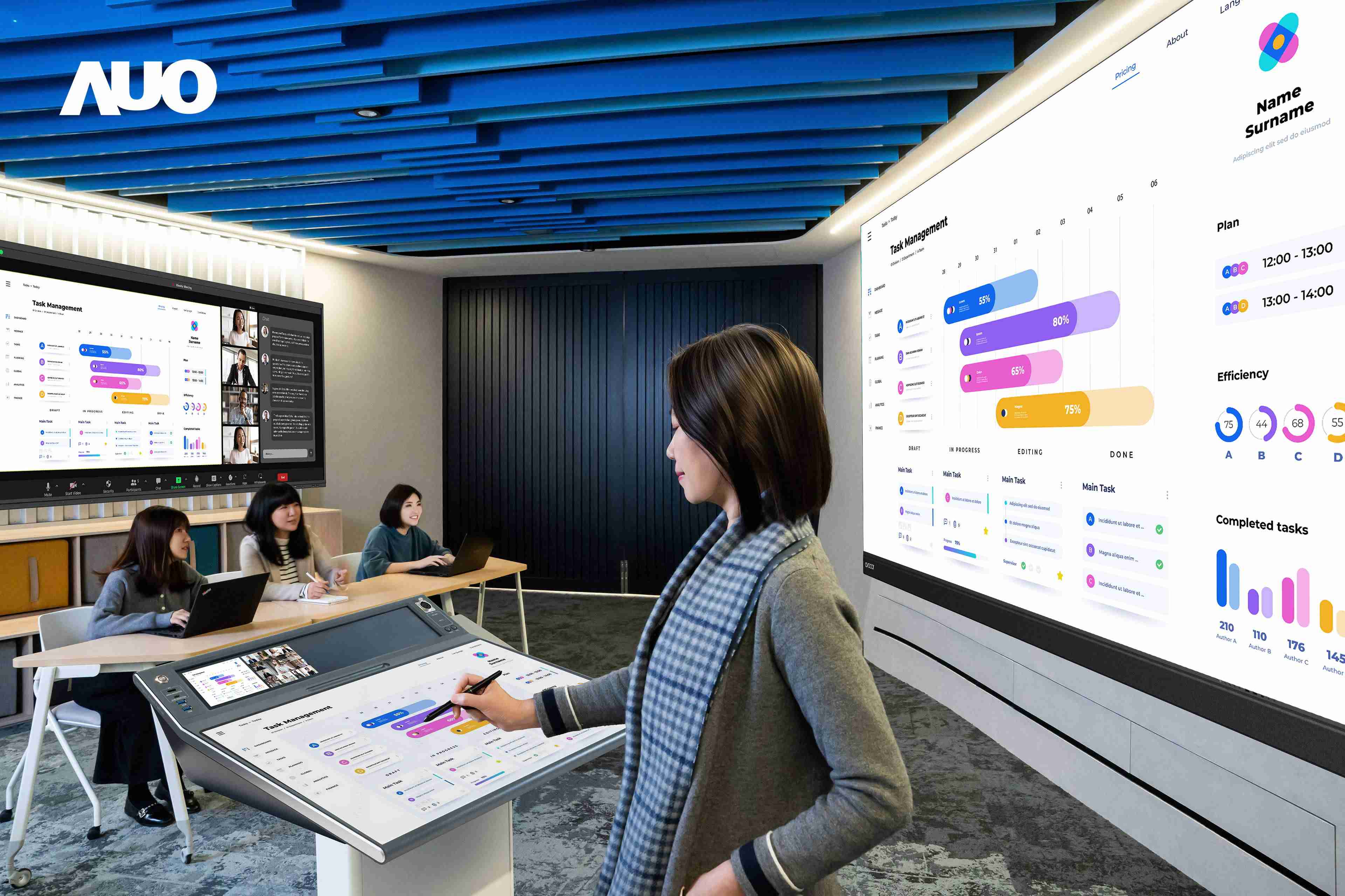 达擎携手Avocor与Rise Vision展示全方位商务领域应用，，，，包含采用模块化设计的138吋一体式All-in-One LED显示器及具21:9超宽比例的92吋交互式电子白板（IFPD），，，讲者可轻松分享内容，，，有效提升会议协作效率。。